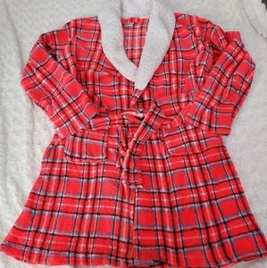 Cozy Pink plush plaid short bath robe with pockets Small Loungewear